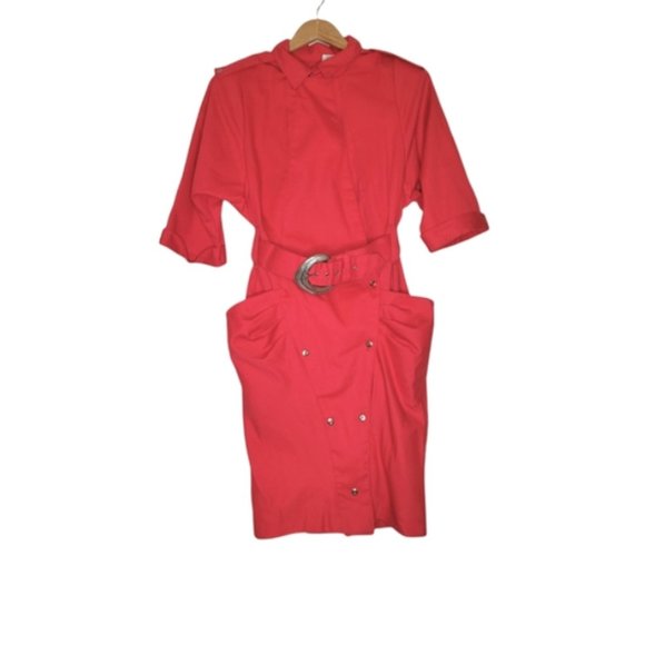 Punchy 80s Red Boxy Coat Dress with Puff Pockets and Belt - Picture 1 of 13